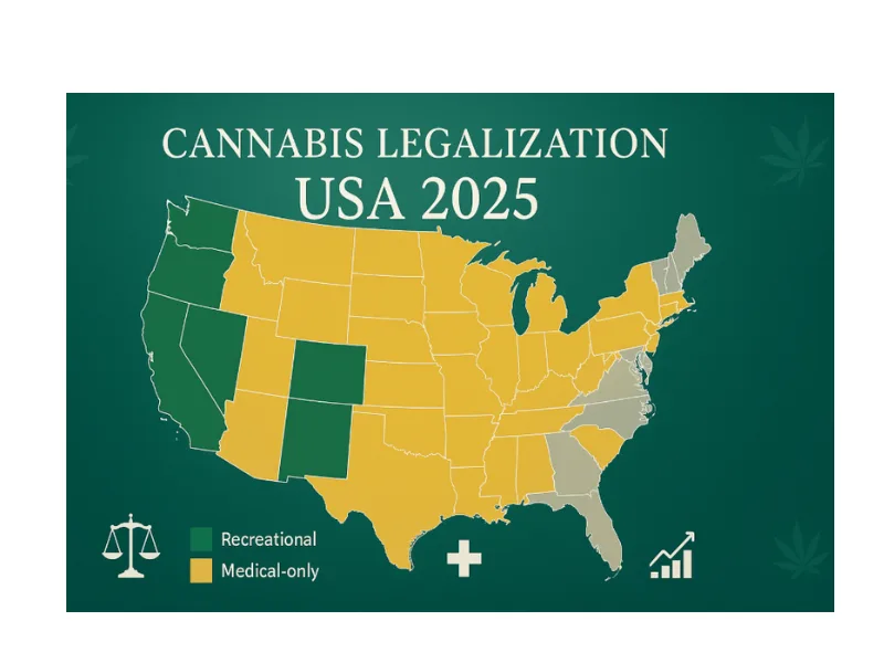 Übersichtstabelle Cannabis-Besitzgrenzen und Anbau-Limits in US-Bundesstaaten mit Freizeitlegalisierung 2025