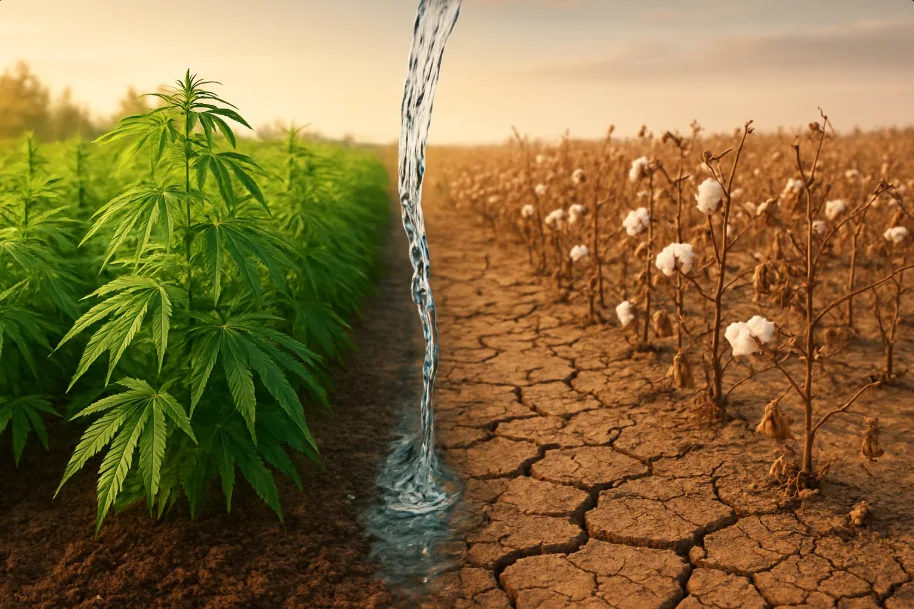 Hanf Baumwolle Wasserverbrauch Vergleich - nachhaltige Hanfpflanze mit wenig Wasserbedarf vs wasserintensive Baumwolle auf Trockenfeld