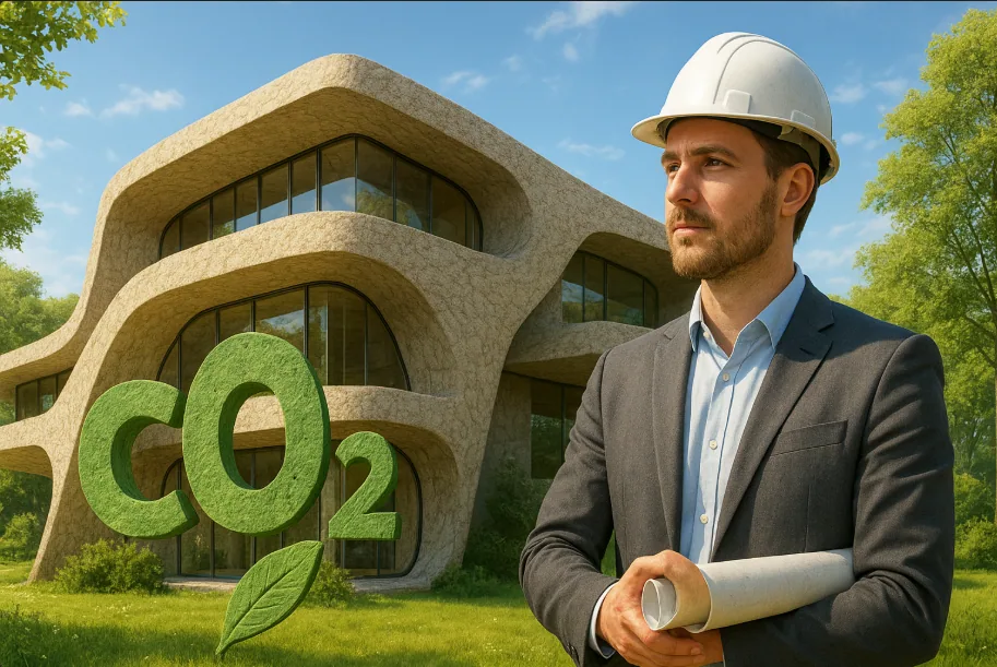 Ein moderner, futuristischer Bau aus Hanfbeton mit geschwungenen Formen und großen Glasfronten steht in einer sonnigen, grünen Landschaft. Im Vordergrund steht ein Architekt mit Bauhelm und blauen Hemd, der eine Bauzeichnung hält. Links vor dem Gebäude schwebt ein großes grünes CO₂-Symbol mit Blatt, das die CO₂-Speicherung symbolisiert.