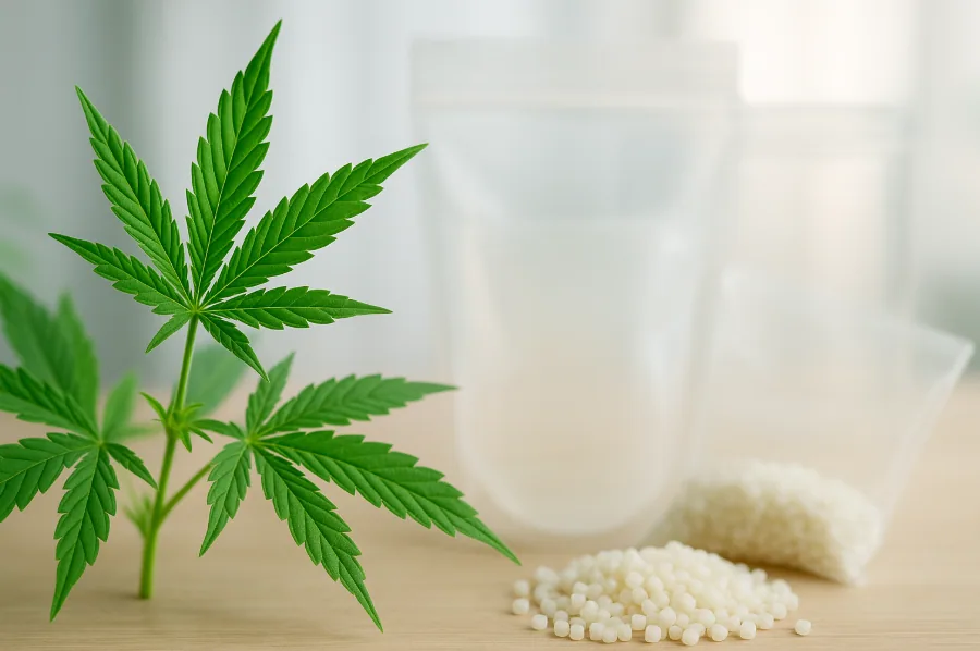 Makroaufnahme einer grünen Hanfpflanze mit scharfen, gefächerten Blättern im Vordergrund, daneben unscharf transparente Bioplastik-Verpackungen und Biokunststoff-Pellets auf hellem Holztisch, aufgenommen bei natürlichem Tageslicht – Symbol für nachhaltige Hanf-Biokunststoffe.