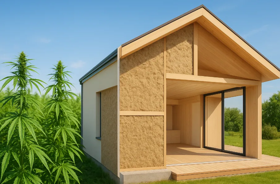Modernes nachhaltiges Einfamilienhaus mit sichtbarer Hanffaser-Dämmung im Querschnitt, daneben ein blühendes Hanffeld unter blauem Himmel. Photorealistisches Bild mit hellen Holzelementen, großen Glasfenstern und natürlichem Licht – Symbol für ökologische Bauweise und nachhaltige Materialien aus Hanf.