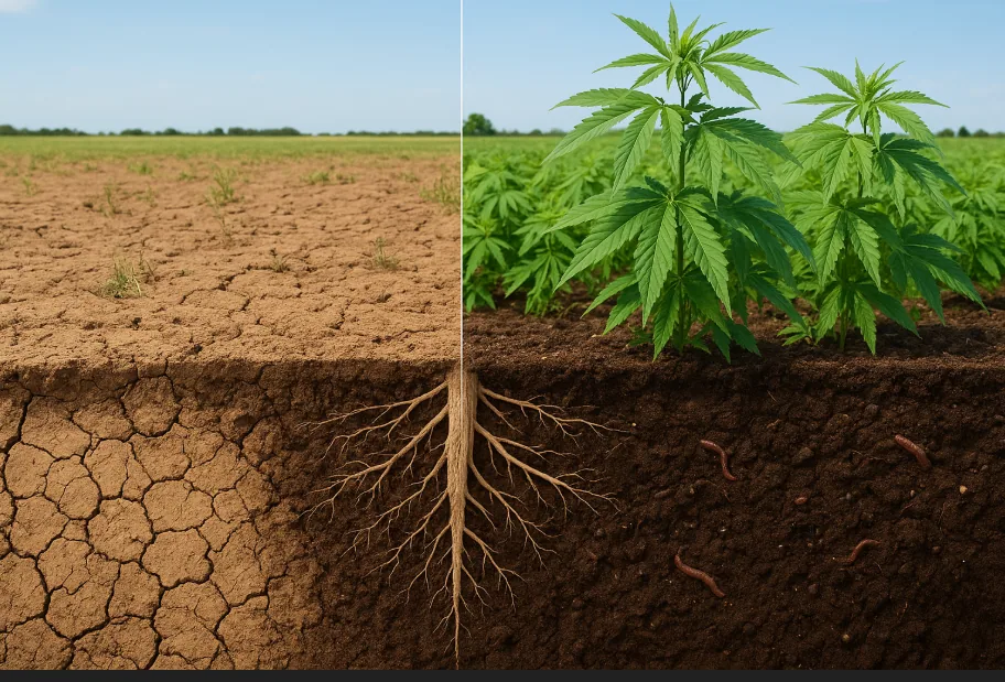 Split-Screen-Vergleich: Links ausgelaugter, rissiger Boden mit Erosion, rechts fruchtbarer, dunkler Boden mit gesunden Hanfpflanzen und sichtbarem Wurzelsystem – zeigt Bodenregeneration durch Hanfanbau unter natürlichem Tageslicht.