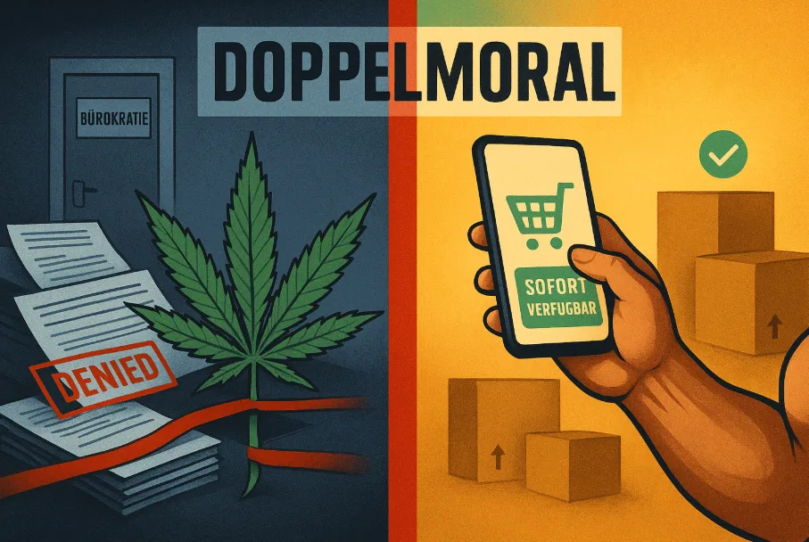 „Politische Illustration im Editorial-Stil mit dem Schriftzug DOPPELMORAL: Links eine Hanfpflanze, umwickelt von rotem Amtsband und Dokumenten mit Stempel ‚DENIED‘ vor einer Tür mit Aufschrift ‚BÜROKRATIE‘; rechts eine muskulöse Hand mit Smartphone zeigt ein Einkaufswagensymbol und Text ‚SOFORT VERFÜGBAR‘, daneben Versandkartons – symbolisiert bürokratische Doppelmoral beim Zugang zu Cannabis vs. frei verfügbare Produkte.