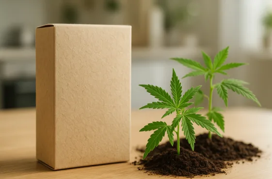 Nachhaltige Verpackung aus natürlichen Hanffasern auf hellem Holztisch, daneben wachsende grüne Hanfpflanzen in dunkler Erde, im Hintergrund unscharfe moderne Küche – Symbol für umweltfreundliches, modernes Design und nachhaltigen Lifestyle.