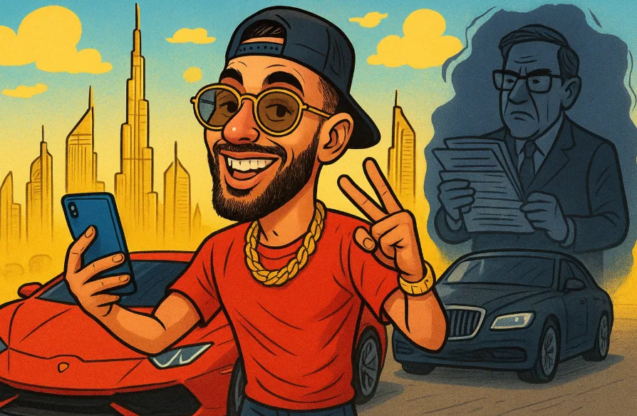Illustration von Simon Desue in Dubai mit rotem Sportwagen, Smartphone und goldener Kette; im Hintergrund Skyline von Dubai und ein ernster Mann mit Dokumenten – Symbolik für Erfolg, Luxus und Kontrolle