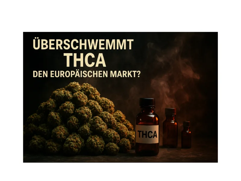 THCA Cannabisblüten und Extraktfläschchen auf dunklem Hintergrund mit Rauch, Überschrift ‚Überschwemmt THCA den europäischen Markt?‘ – Symbolbild für Cannabisprodukte und Markttrends in Europa.