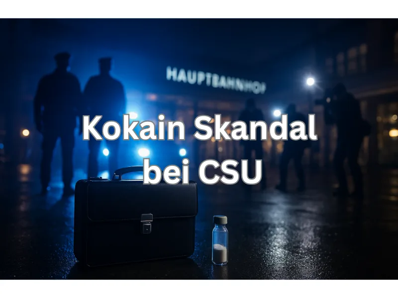 Symbolisches Pressefoto: Blaulicht am Münchner Hauptbahnhof, Polizisten und Fotografen im Hintergrund, im Vordergrund Aktenkoffer und Glasampulle – Sinnbild für den Drogenverdacht gegen CSU-Bürgermeister Thomas Pardeller.