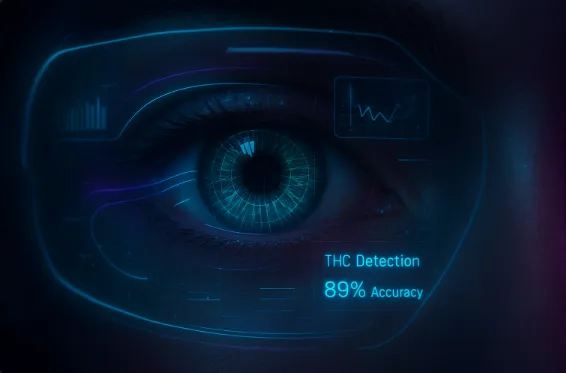 Nahaufnahme eines Auges mit futuristischer AR-Brille, die THC-Detection mit 89% Genauigkeit anzeigt, digitale Datenvisualisierung im Hintergrund.