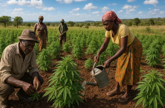 Traditionelle afrikanische Bauern auf einer ländlichen Cannabisfarm in Simbabwe pflegen grüne Pflanzen auf einem weiten Feld unter blauem Himmel mit vereinzelten Wolken. Eine Frau gießt die Pflanzen mit einer Metallkanne, während ein älterer Mann eine Pflanze inspiziert und zwei weitere Bauern im Hintergrund arbeiten. Die Szene vermittelt Gemeinschaft, Wachstum und nachhaltige Landwirtschaft.