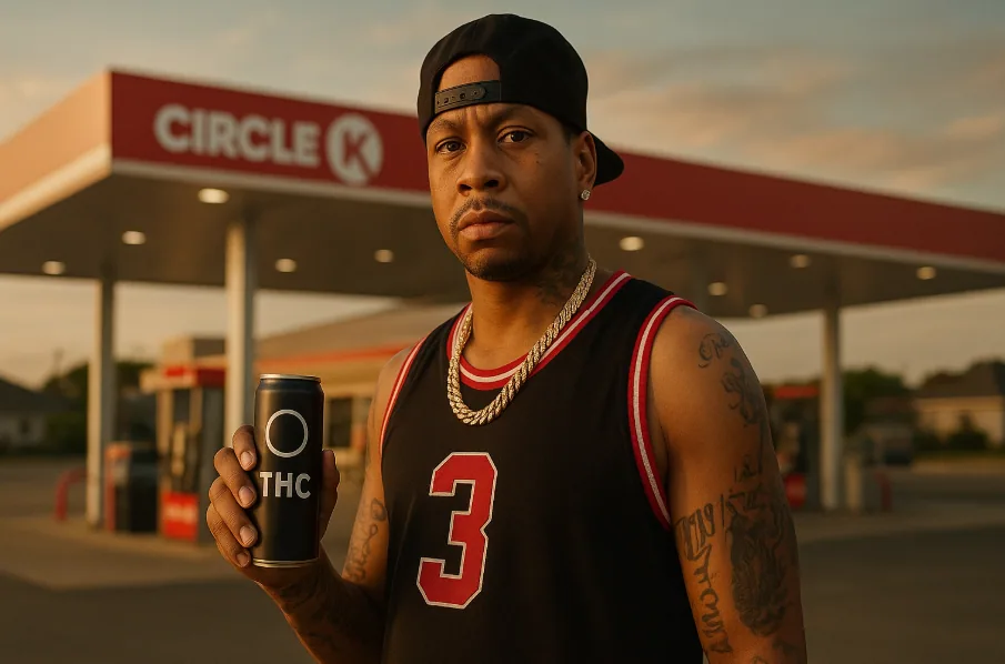 Allen Iverson präsentiert erstmals THC-Getränk bei Circle K – schwarzdose mit Cannabis-Infusion, Lifestyle, Promi-Produktlaunch an Tankstelle, legales THC-Getränk in den USA