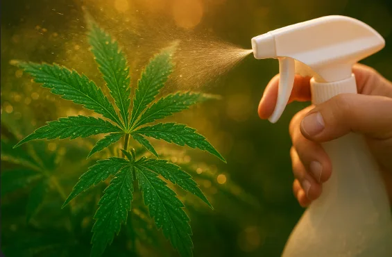 Cannabis-Pflanze wird mit Molke gegen Schimmel und Botrytis gesprüht – natürlicher, biologischer Pflanzenschutz zur Vorbeugung von Grauschimmel und Mehltau bei Indoor- und Outdoor-Cannabis-Anbau.
