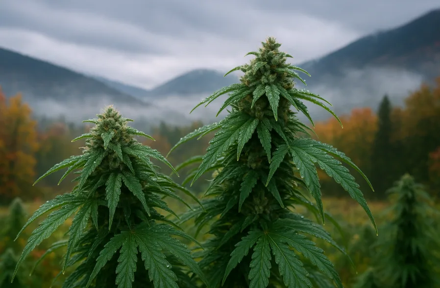 otorealistische Nahaufnahme einer gesunden Cannabis-Pflanze im Outdoor-Anbau im Herbst, mit Tautropfen auf grünen und violetten Blättern, neblige Berglandschaft im Hintergrund, natürliches Licht, botanische Lehrfotografie für ein Blogartikel mit Schimmelresistenten Cannabis Sorten