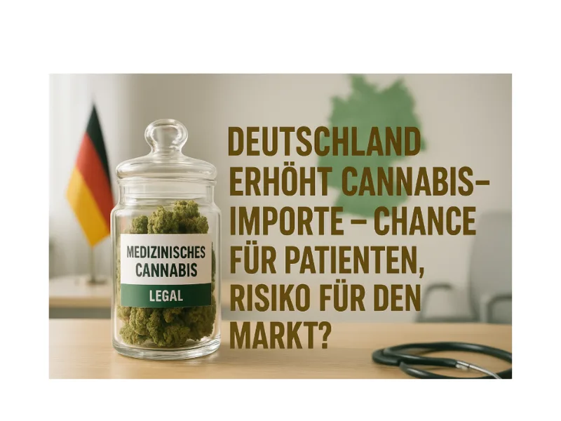 Glasgefäß mit medizinischem Cannabis in einer modernen deutschen Arztpraxis, im Hintergrund deutsche Flagge – Deutschland erhöht Importgrenze auf 192,5 Tonnen medizinisches Cannabis.