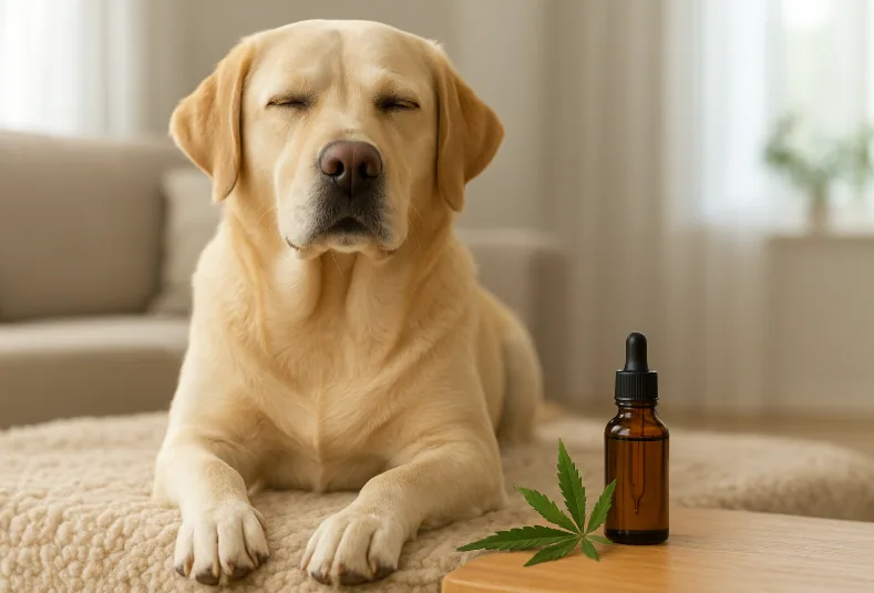 Ruhiger Golden Retriever liegt auf einer Decke in einem hellen Wohnzimmer neben einer kleinen braunen Glasflasche mit CBD-Öl und Hanfblättern – natürliche Haustierpflege, entspannte Stimmung, hochwertiges Tierfoto.