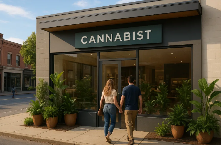 Moderne Cannabis-Dispensary in Ohio, USA, Außenansicht bei Tageslicht mit freundlicher Atmosphäre, Kunden betreten das Geschäft ‚Cannabist‘, umgeben von Grünpflanzen und moderner Architektur in einer ruhigen amerikanischen Kleinstadt.