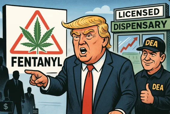 Editorial-Cartoon Trump präsentiert Anti-Fentanyl-Kampagne während Investoren im Vordergrund profitieren