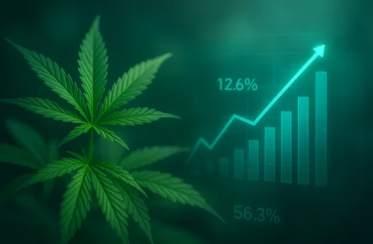Nahaufnahme leuchtend grüner Cannabisblätter mit holografischem Finanzdiagramm im Hintergrund – symbolisiert Aurora Cannabis Umsatzwachstum und steigende Aktienkurse. Moderne Business-Ästhetik, grün-türkise Farbpalette, Premium-Finanzbild für Investment- und Börsenartikel.