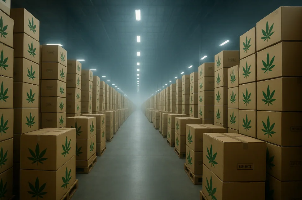 Weitwinkelaufnahme eines überfüllten pharmazeutischen Lagers voller Kartons mit Cannabis-Symbolen – symbolisiert das Überangebot und die Lagerkrise im deutschen Medizinal-Cannabis-Markt. Kaltes Industrie-Licht und endlose Reihen zeigen die wachsenden Bestände und sinkende Preise.
