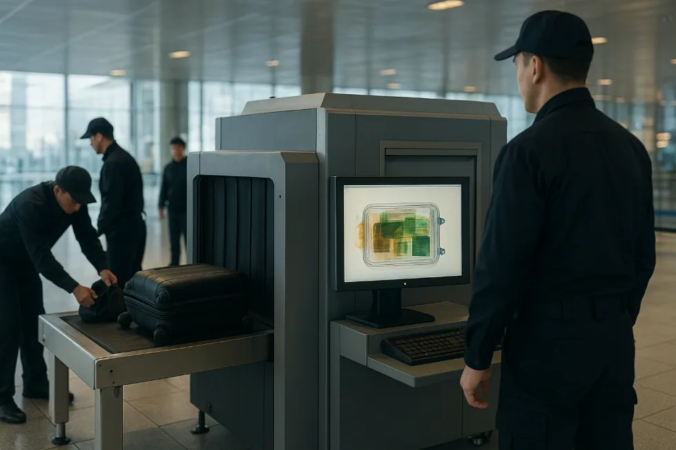 „Sicherheitskontrolle am Flughafen Suvarnabhumi: Sicherheitsbeamte inspizieren Handgepäck auf Röntgenbild, in dem gepresstes Haschisch sichtbar ist, mehrere Reisende werden kontrolliert, möglicher Drogenfund von bis zu 100 kg.