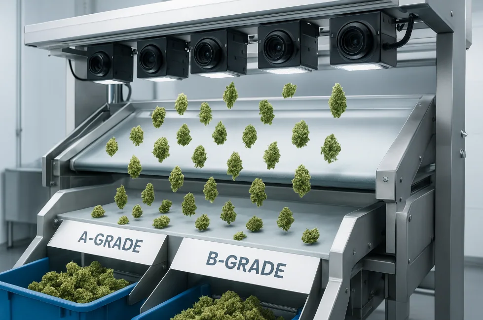 Hightech-Cannabis-Sortiermaschine mit Hochgeschwindigkeitskameras, LED-Inspektionsbeleuchtung und präziser Trennung von A- und B-Grade-Blüten auf Förderband.