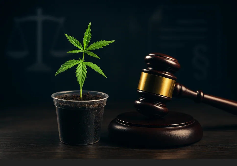Cannabis-Steckling in transparentem Topf neben Richterhammer – Symbolbild für Rechtsstreit um Cannabis-Stecklinge.
