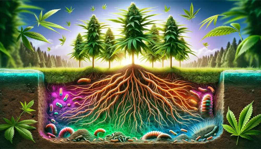 „Living-Soil-Illustration mit Cannabis-Pflanzen, tiefem Wurzelsystem, Mikroorganismen, Nützlingen, Kompost und organischem Boden – Darstellung von nachhaltigem Bio-Anbau, natürlicher Nährstoffversorgung und ökologischem Grow-Setting.