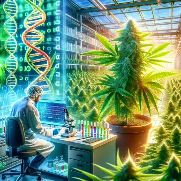 Illustration eines Wissenschaftlers im Labor, der genetische Modifikationen an Cannabispflanzen untersucht; DNA-Stränge, Mikroskopie und moderne Grow-Umgebung zur Darstellung von GMO Cannabis Strains.