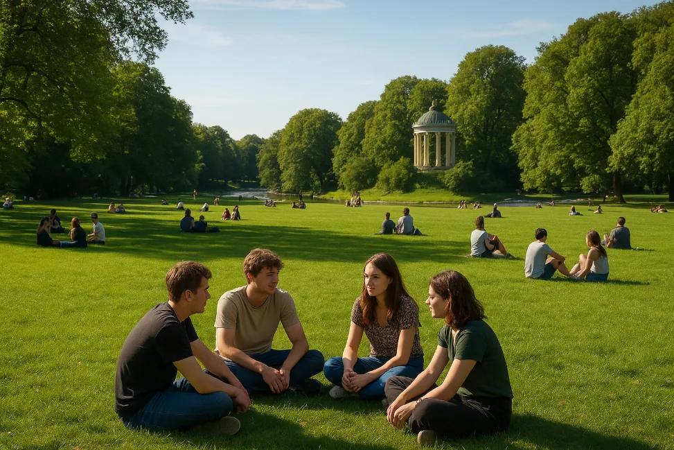 Realistisches Foto des Englischen Gartens in München an einem sonnigen Tag mit entspannten Besuchergruppen; thematisch passend zum gekippten Kiff- und Cannabis-Verbot im Park.