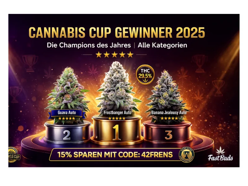 Premium Header-Grafik der Cannabis Cup Gewinner 2025 mit drei preisgekrönten Cannabisbuds (Guava Auto, Frostbanger Auto, Banana Jealousy Auto) auf Gold-, Silber- und Bronze-Podesten, golden-violettem Hintergrund, Auszeichnungen, THC-Badge und Rabattbanner.