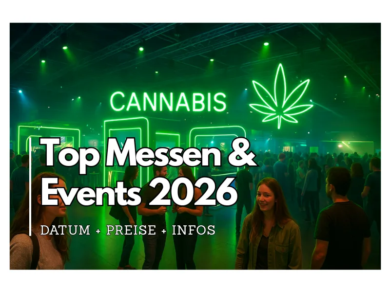 Bild einer modernen Cannabis-Messe mit Festival-Atmosphäre, passend zu den Eventdaten 2026: HempsFair Frankfurt Datum 28.–30. April 2026, CannaTrade Zürich Datum 29.–31. Mai 2026, Mary Jane Berlin Datum 11.–14. Juni 2026, HamCan Hamburg Datum 25.–26. Juli 2026, Cannafair Düsseldorf Datum 21.–23. August 2026, CB Expo Dortmund Datum 15.–17. September 2026.