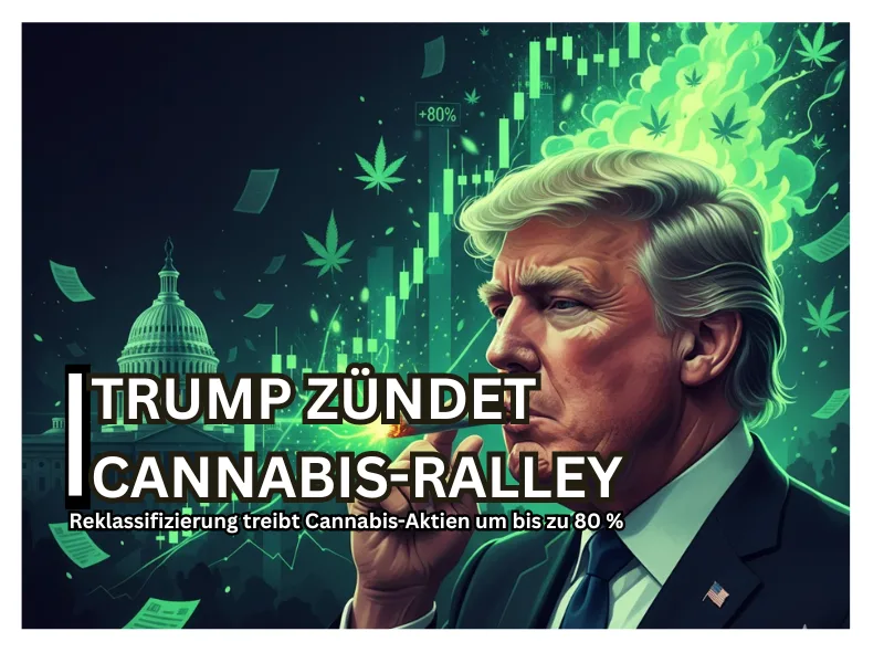 Moderne Illustration: Donald Trump mit glimmendem Joint als Symbol für die drohende Cannabis-Reklassifizierung. Im Hintergrund steigt eine neon-grüne Börsenkurve vor dem US Kapitol um bis zu 80 % an. FinTech Editorial Stil, Titel: 'TRUMP ZÜNDET DIE CANNABIS-RALLY'