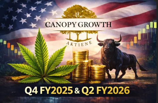 „Canopy Growth Aktienanalyse 2025 – modernes Blog- und YouTube-Headerbild mit Cannabisblatt, Bullenmarkt-Symbol, US-Flagge und steigender Kursgrafik zur Unternehmensbewertung“