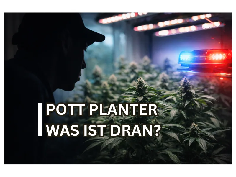 YouTube-Thumbnail mit Silhouette von Influencer und Polizist "Pott Planter", einer Person vor legalem Indoor-Cannabis-Anbau unter LED-Licht, Blaulicht-Sirene und Text „Pott Planter = Cop Planter“, symbolische Darstellung der Diskussion um PottPlanter und Polizei