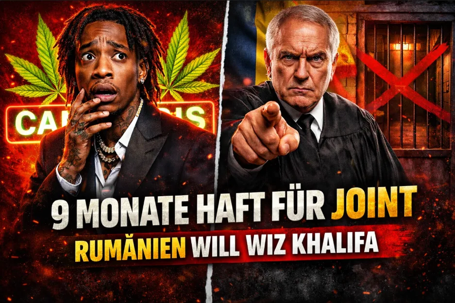 „Dramatisches YouTube-Thumbnail zu Cannabis-Gesetzgebung in Europa: Wiz Khalifa schockiert vor Cannabis-Symbol, gegenüber ein strenger Richter mit Gerichtsgebäude und rotem X – Schlagzeile über drohende Festnahme und rechtliche Folgen.“