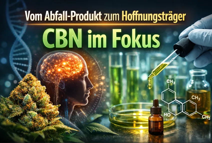 CBN Öl Flasche auf einem Nachttisch neben einem Bett zur Veranschaulichung der Wirkung von Cannabinol auf den Schlaf und die Schlafqualität.