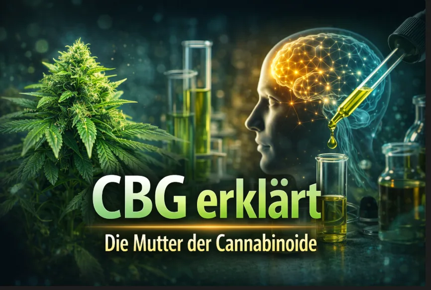 CBG Cannabigerol erklärt – junge Cannabisblüte, leuchtendes Gehirn und Laboraufbau zur Forschung über Fokus, Darmgesundheit und antibakterielle Wirkung