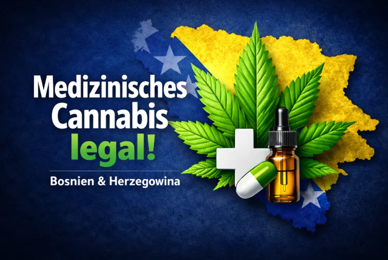 Blogartikel-Headerbild zur Legalisierung von medizinischem Cannabis in Bosnien und Herzegowina mit zentriertem Schriftzug „Medizinisches Cannabis legal!“, Cannabisblatt, medizinischem Kreuz, Kapsel und Tropfflasche vor blau-gelber Landeskarte.