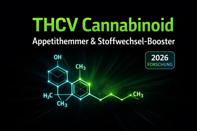 „Modernes YouTube-Thumbnail zu THCV Cannabinoid – schwarzer Hintergrund, neon-grüner Titel ‚THCV Cannabinoid‘, Untertitel ‚Appetithemmer & Stoffwechsel-Booster‘, leuchtende Molekülstruktur in Grün/Cyan, Badge ‚2026 Forschung‘, wissenschaftlich-medizinisches Design.