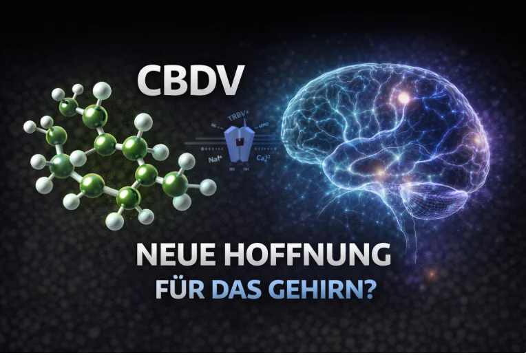 CBDV Cannabinoid Molekül neben visualisiertem Gehirn – wissenschaftliches Thumbnail zu CBDV und neurologischer Forschung