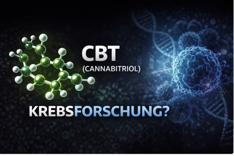 CBDV-ähnliches Minor-Cannabinoid CBT (Cannabitriol) – wissenschaftliche Darstellung mit Molekülstruktur auf schwarzem Hintergrund, Fokus Krebsforschung und Aromatasehemmung