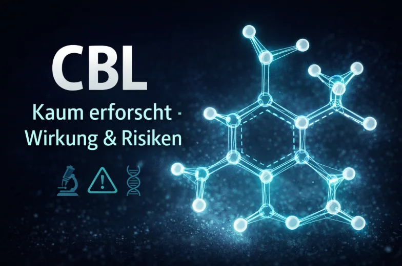 YouTube-Thumbnail zu CBL (Cannabicyclol) mit wissenschaftlicher Molekülstruktur, Hinweis auf Wirkung, Risiken und begrenzten Forschungsstand des seltenen Cannabinoids.