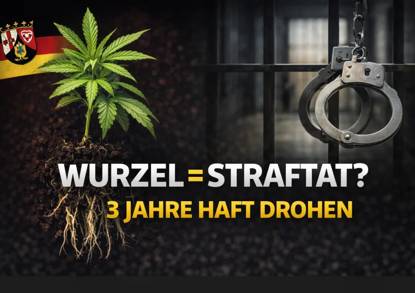 Thumbnail zur Cannabis-Debatte in Rheinland-Pfalz: bewurzelter Cannabis-Steckling vor dunklem Hintergrund, Warnsymbol und Text ‚3 Jahre Haft für Stecklinge mit Wurzeln‘ – rechtlicher Konflikt um Cannabisgesetz und Anbauvereinigungen, DHV kündigt Widerstand an.