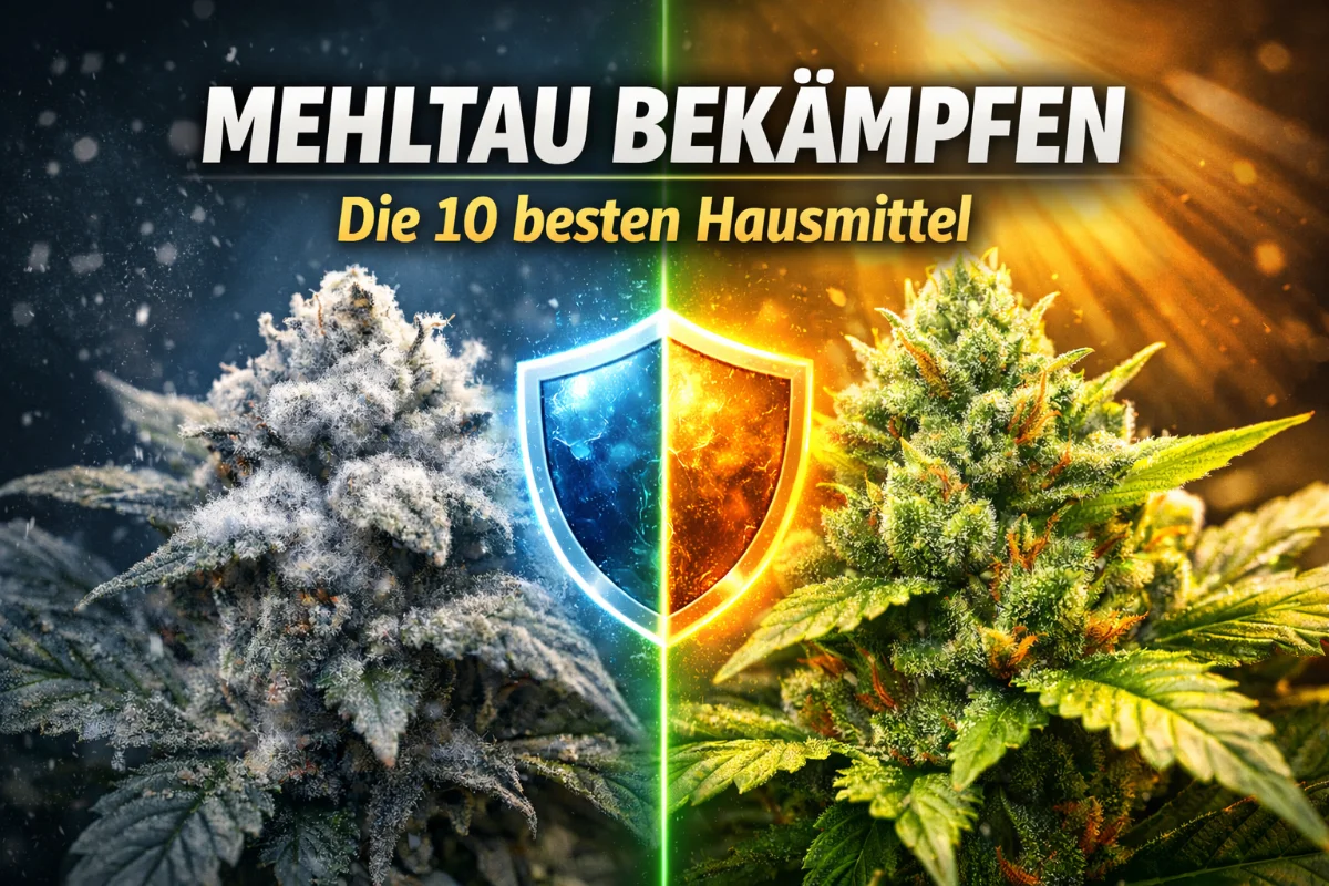Mehltau auf Cannabis-Blatt im Vergleich zu gesunder Pflanze – Split-View Thumbnail mit Schutzsymbol und Growlicht, Guide zur Bekämpfung mit Hausmitteln