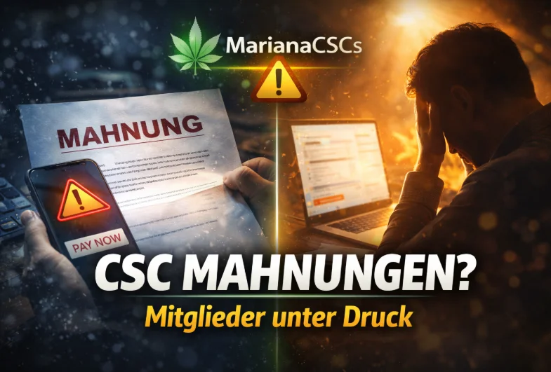 Thumbnail zu CSC-Mahnungen: Mahnungsschreiben und Inkasso-Warnung neben gestresster Person am Laptop, Hinweis auf Mitglieder unter finanziellem Druck bei MarianaCSCs