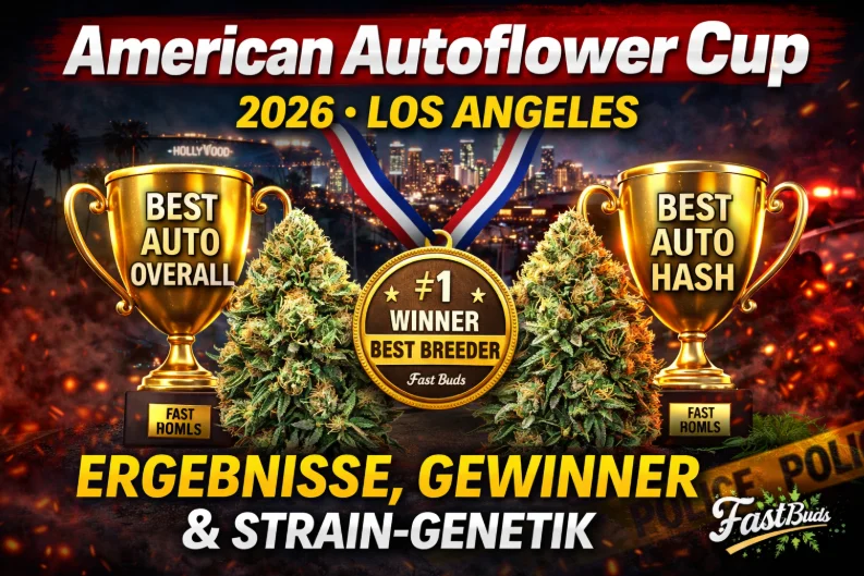 American Autoflower Cup 2026 Los Angeles YouTube thumbnail showing large cannabis buds, gold winner trophies labeled “Best Auto Overall” and “Best Auto Hash,” a central medal for “#1 Winner Best Breeder,” LA night skyline in the background, and bold headline text about results, winners, and strain genetics.