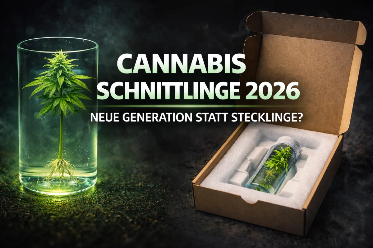 „Cannabis Schnittlinge 2026“ mit frischem, wurzellosem Cannabis-Schnittling in Nährstofflösung im Glas und Versandverpackung, zentrierter Headline „Cannabis Schnittlinge 2026 – Neue Generation statt Stecklinge?“ vor dunklem Hintergrund.