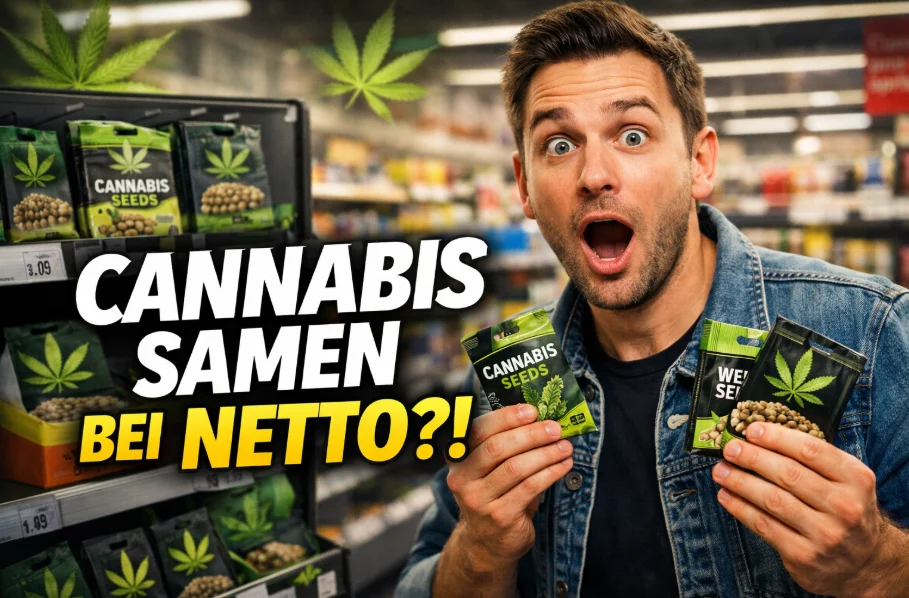 Netto verkauft Cannabis Samen in Deutschland – Kunde hält Seed Packungen im Supermarkt und reagiert überrascht.