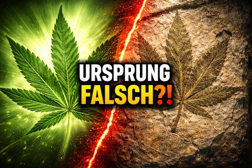 Cannabis-Blatt als Fossil in Gestein eingebettet mit der Aufschrift „56 Millionen Jahre" – Fund aus Sachsen-Anhalt, Museum für Naturkunde Berlin.