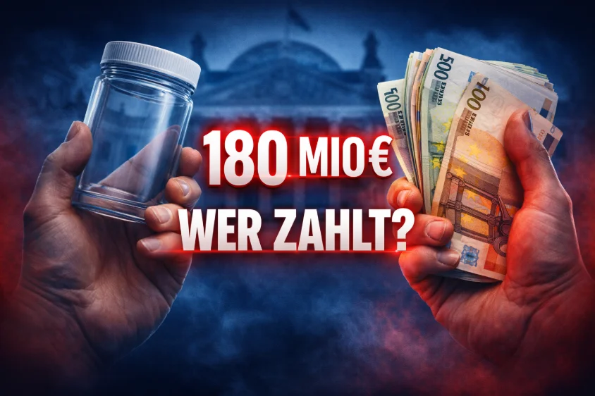 Leeres Cannabis-Behältnis und Eurogeldscheine vor dem Reichstagsgebäude mit dem Text „180 Mio € – Wer zahlt?" – Symbol für GKV-Streichung der Cannabisblüten-Erstattung