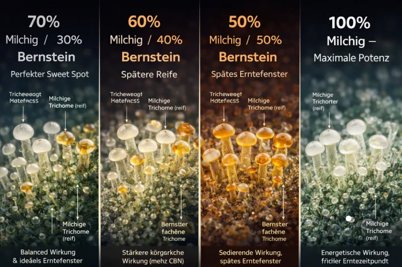 Trichome Erntereif Vergleich: 70% Milchig 30% Bernstein (Sweet Spot), 60% Milchig 40% Bernstein (spätere Reife), 50% Milchig 50% Bernstein (spätes Erntefenster), 100% Milchig maximale Potenz – Cannabis Erntezeitpunkt Infografik